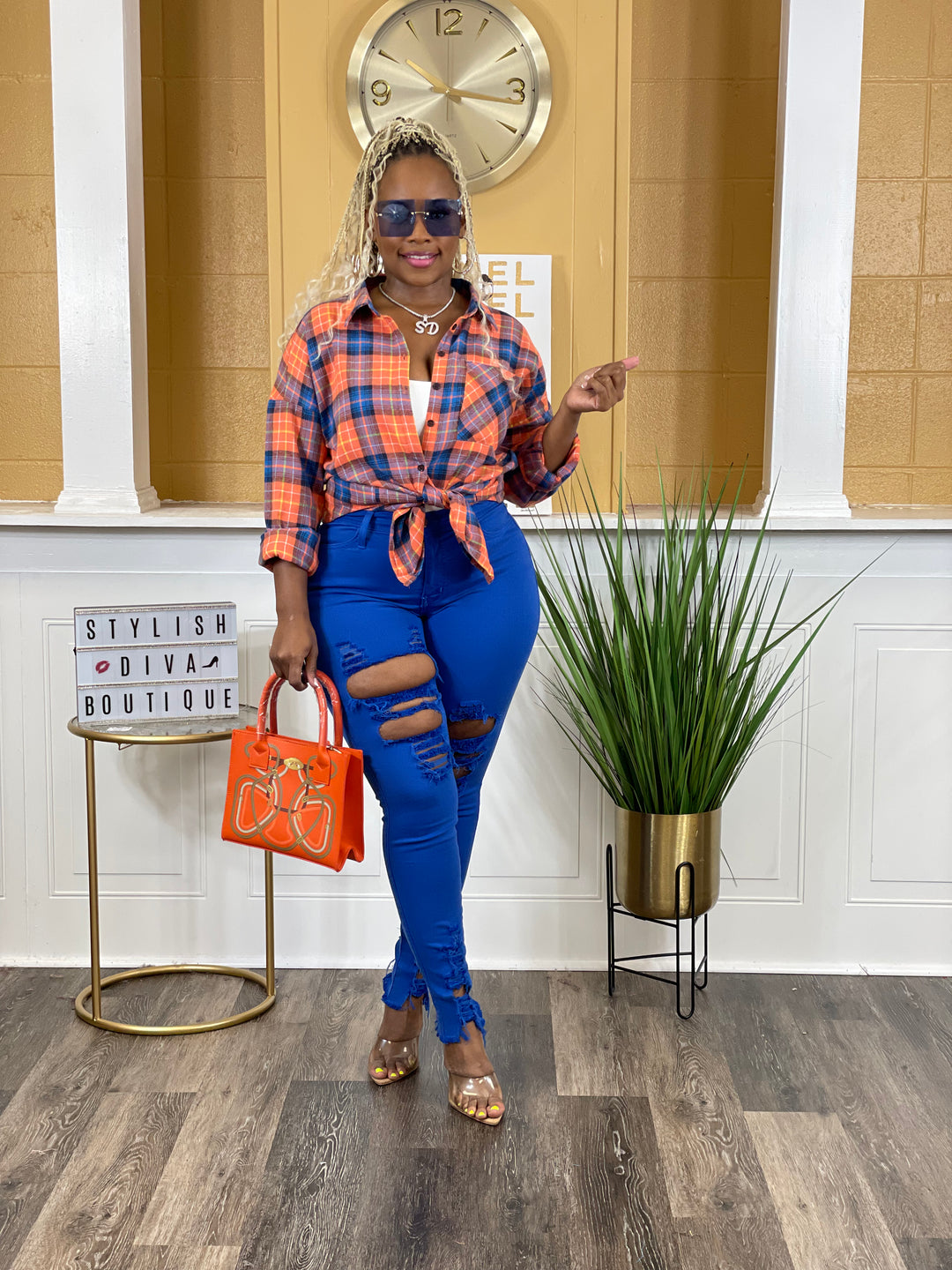 Check Me Out Plaid Flannel Top (Orange Combo)