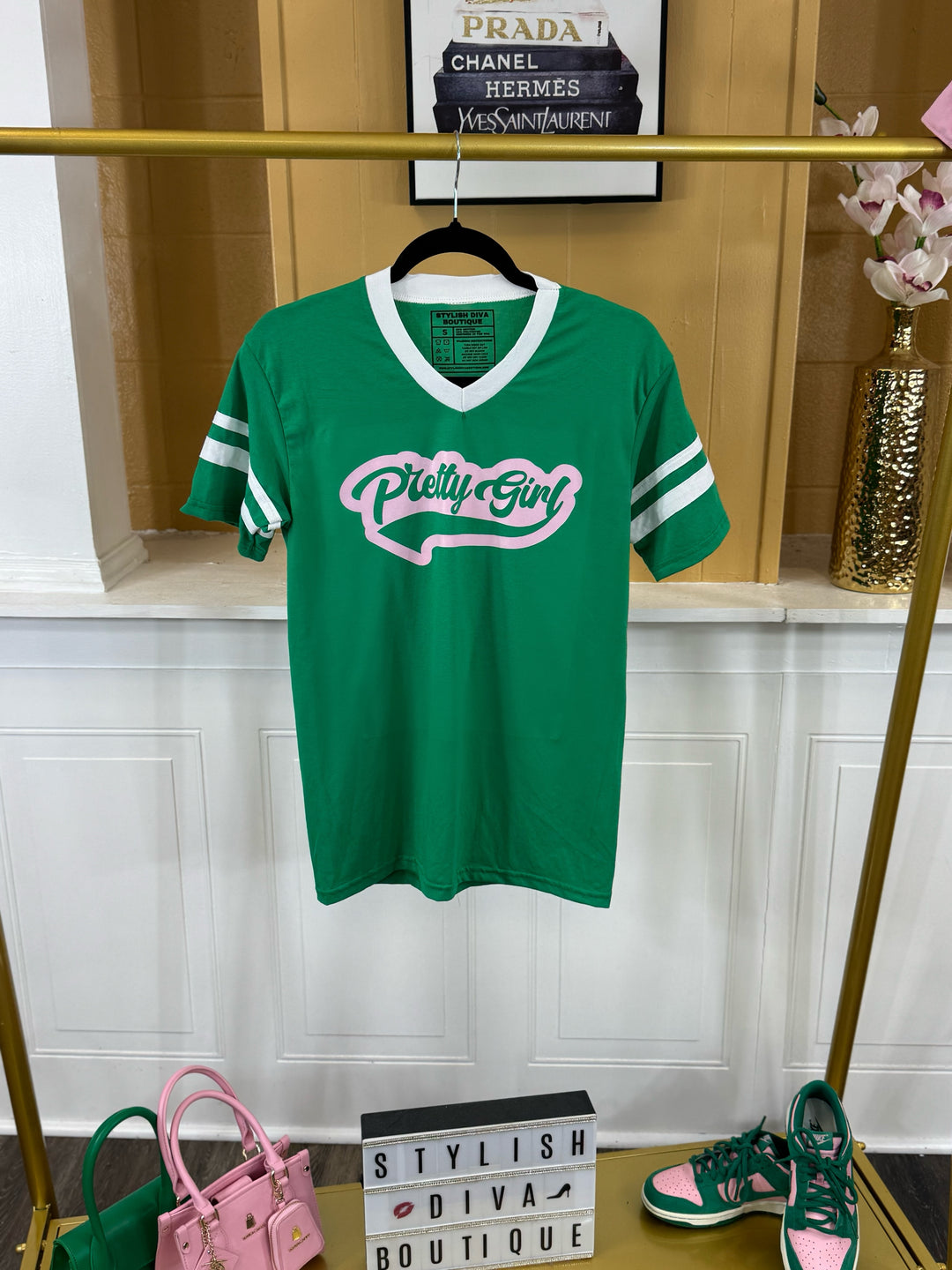 Pretty Girl Varsity Tee (Kelly Green/White) Pink Print