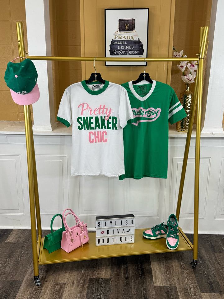 Pretty Girl Varsity Tee (Kelly Green/White) Pink Print