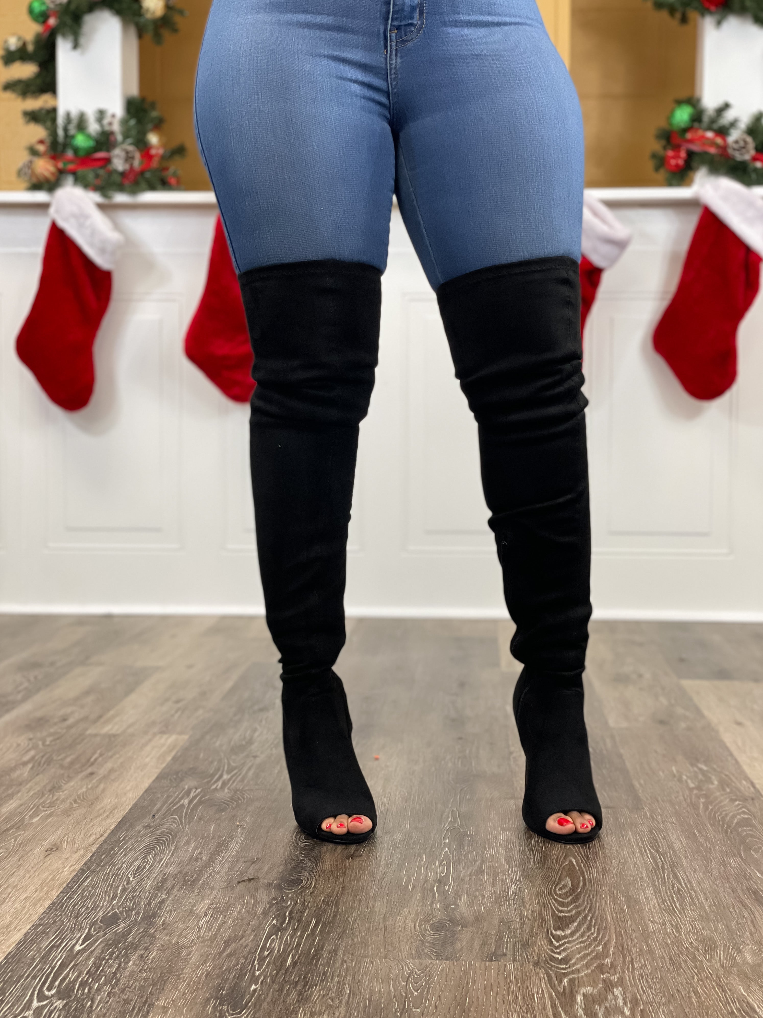 Plus size peep cheap toe thigh high boots