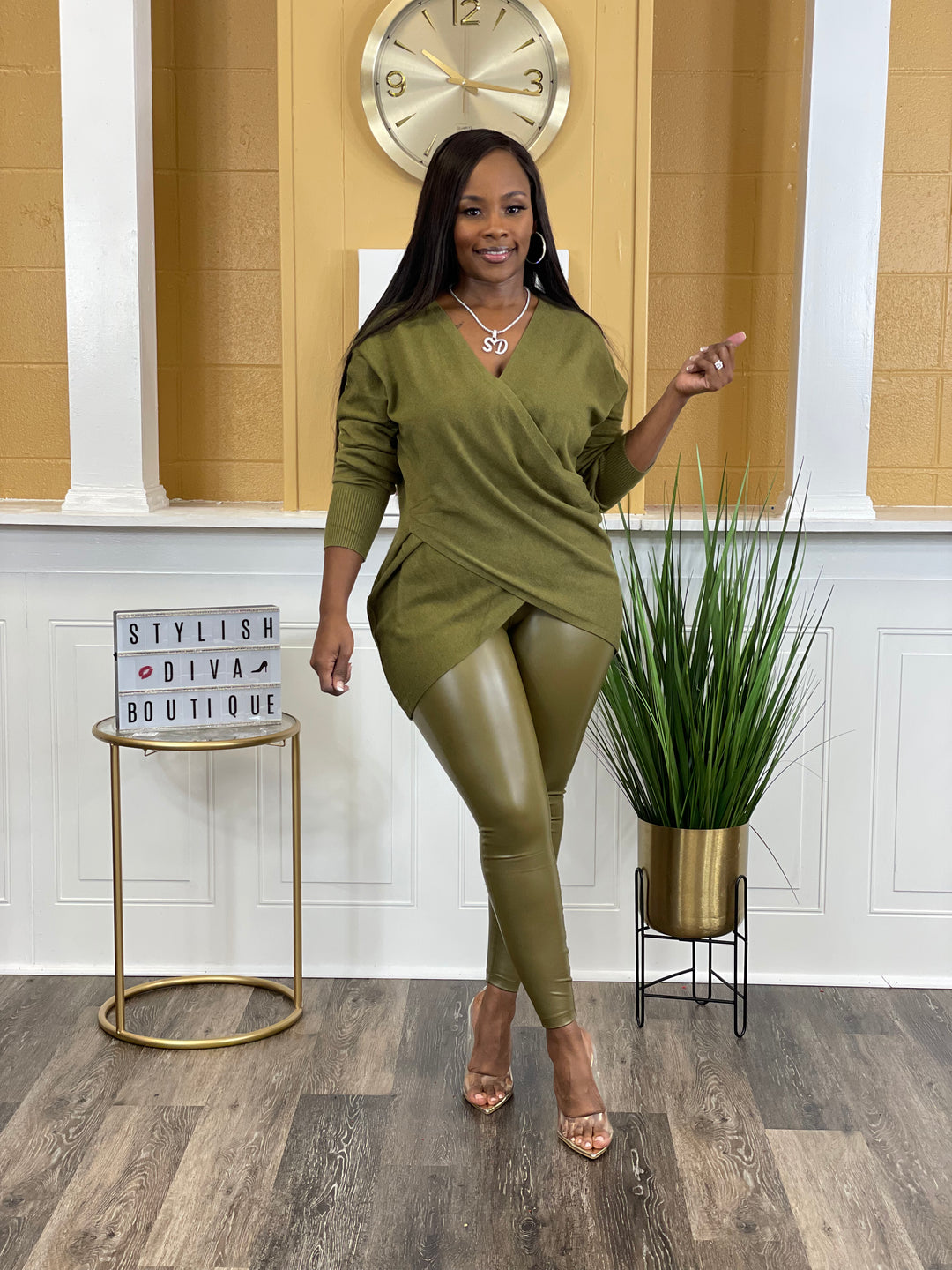 Tamia Criss Cross Front Sweater Set (Dusty Olive)