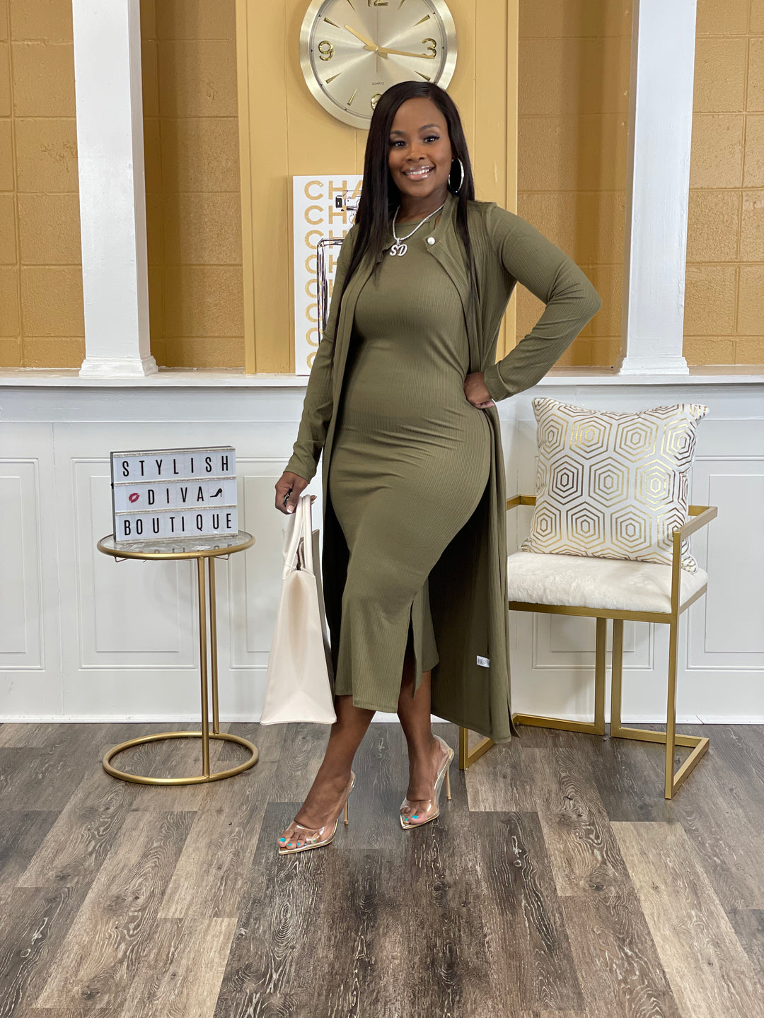 From Work To Happy Hour Ribbed Dress Set (Dusty Olive)