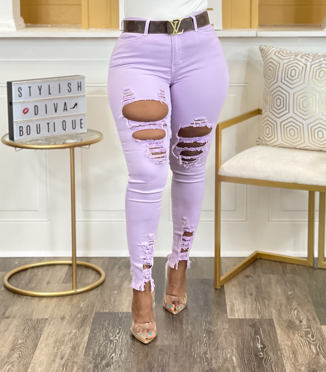 Tiffani Cropped Distressed Jeans up to 3XL (Lavender)