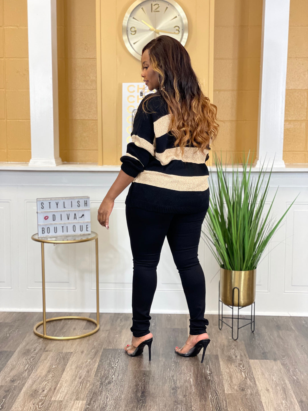 Nevaeh Shimmer Stripes Knitted Sweater Top (Black/Gold)