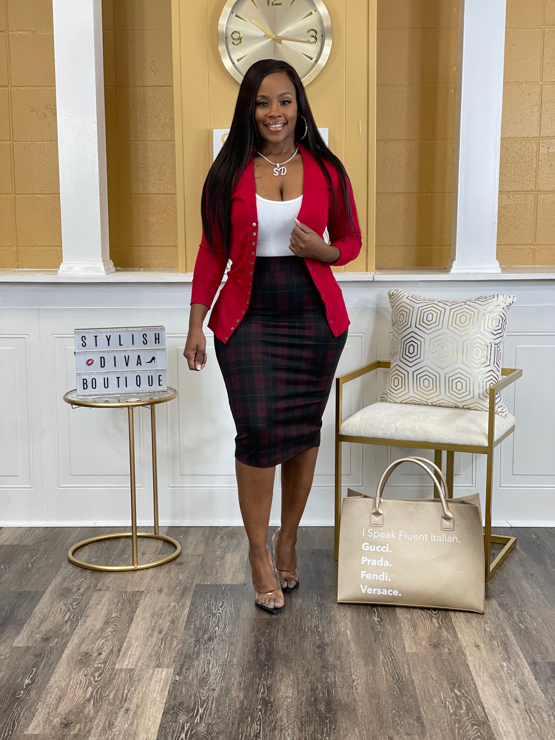 Business Meeting Skirt ONLY up to 3XL Burgundy Plaid Stylish Diva Boutique