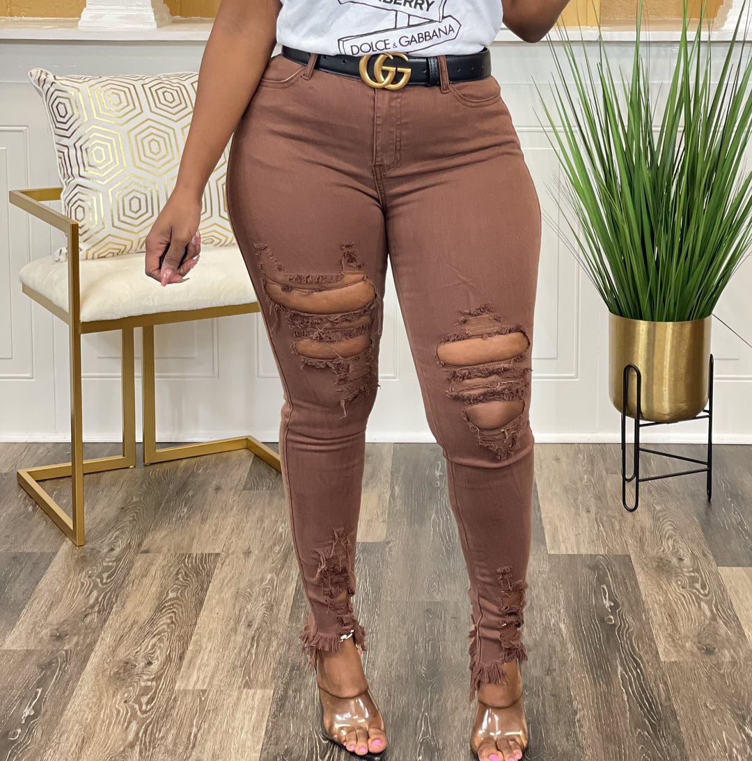 Tiffani Cropped Distressed Jeans (Brown) up to 3XL