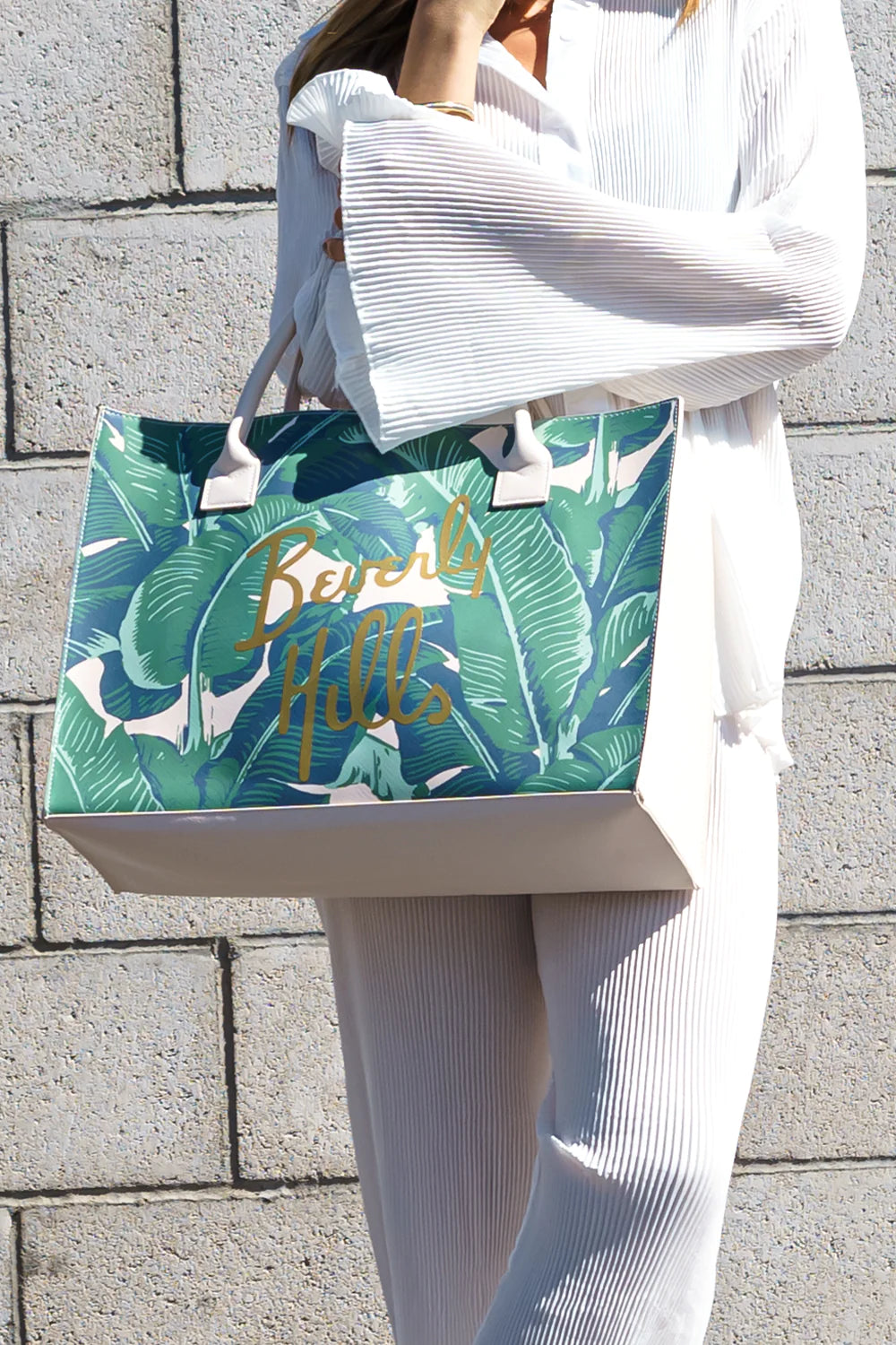 Beverly Hills Leaf Tote Bag (White/Green Leaf)