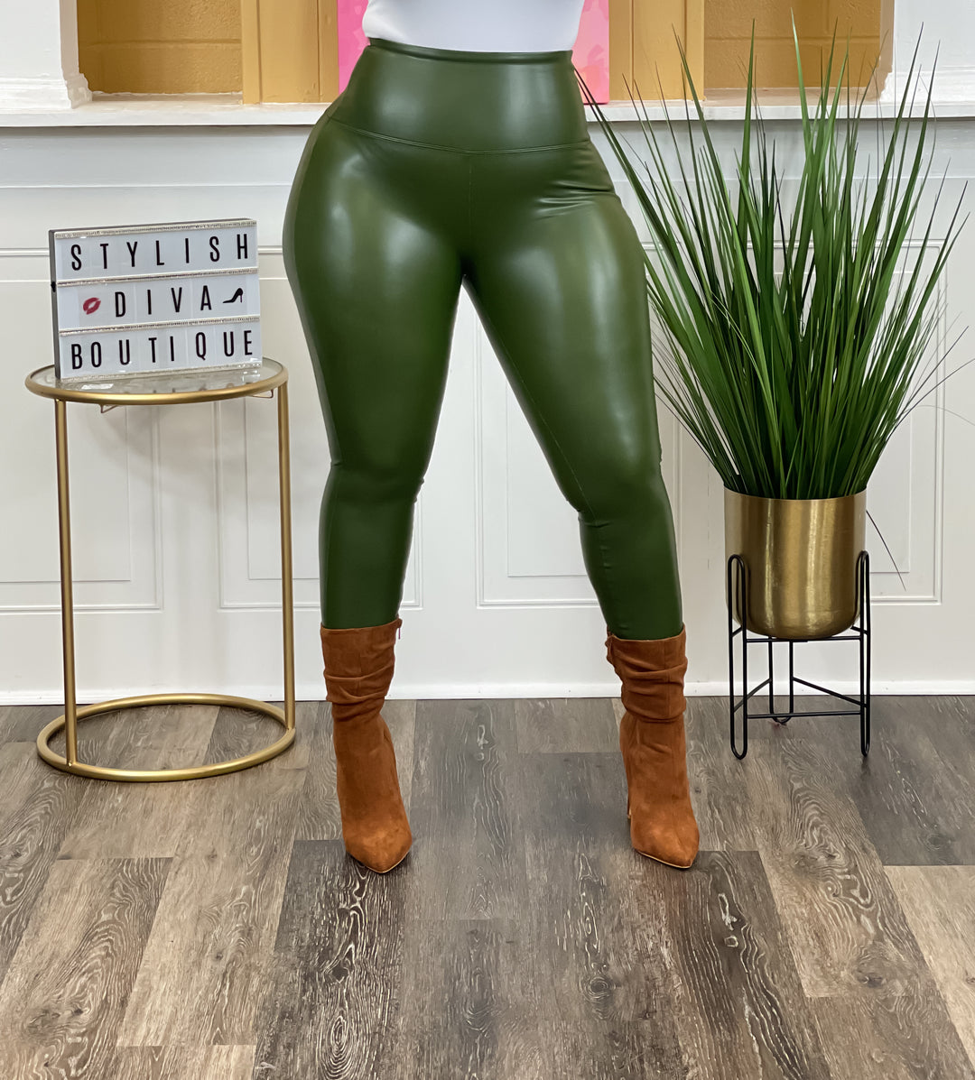 Faux Leather Leggings (Army Green))
