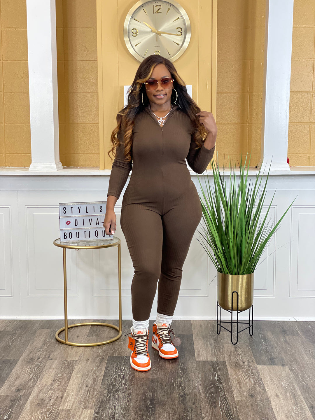 Ribbed L/S Jumpsuit up to 3XL (Brown)