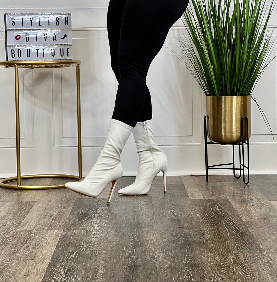 Get To The Point Faux Leather Bootie (White)