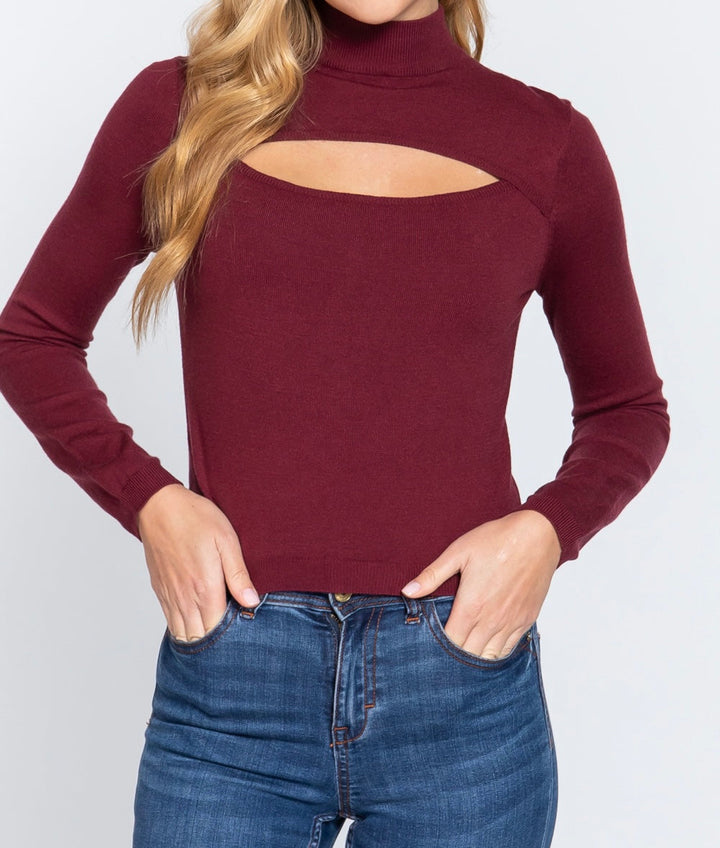 Kena Cut Out Mock Neck Sweater (Burgundy)