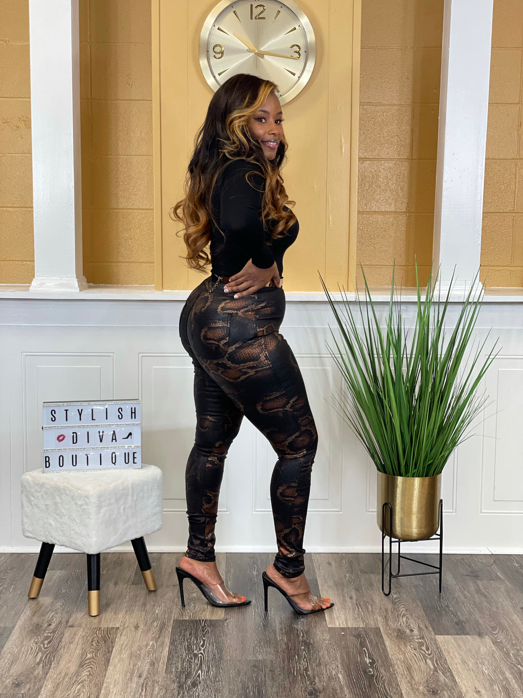 Snake Print High Waist Skinny Jeans up to 3XL (Black)