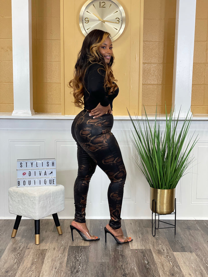 Snake Print High Waist Skinny Jeans up to 3XL (Black)