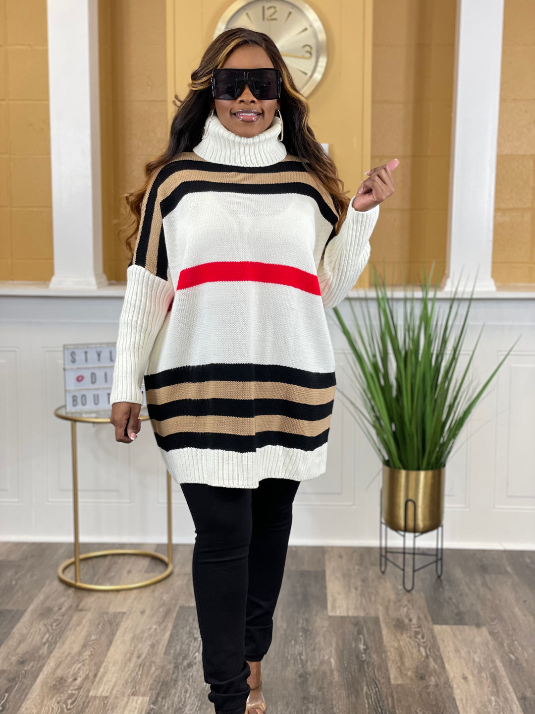 Ms Berry Striped High Neck Sweater (Ivory)