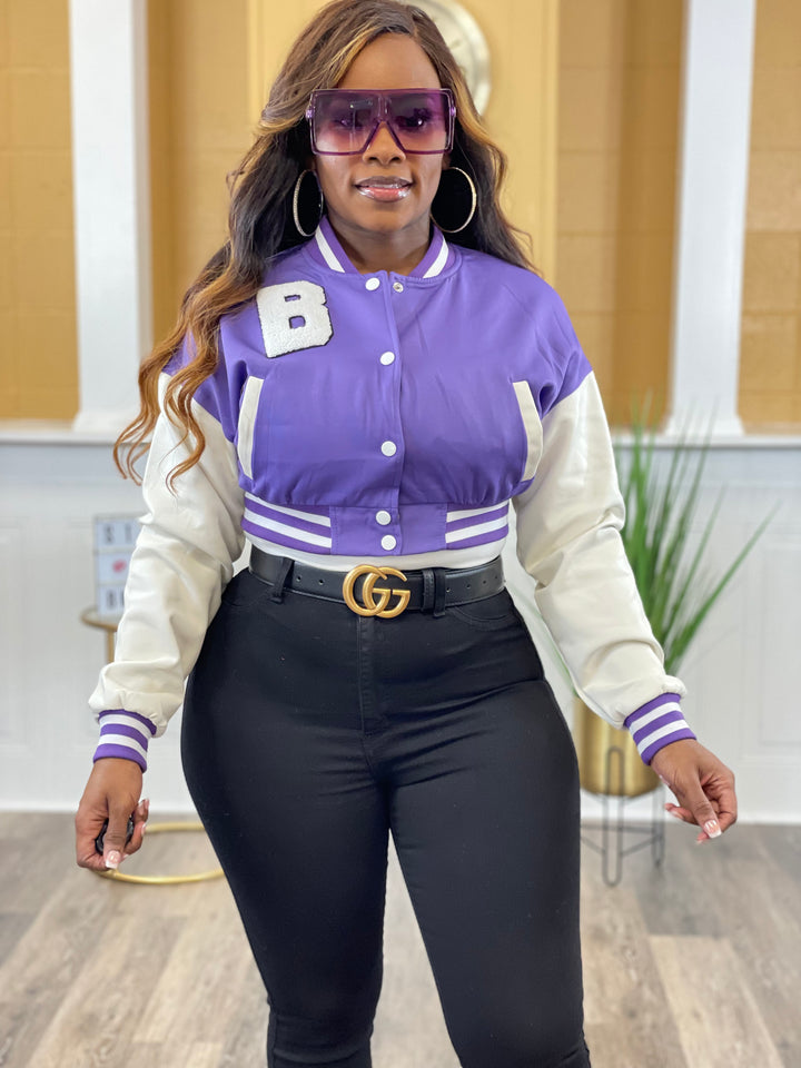 Womens Purple Varsity Jacket Leather Sleeves