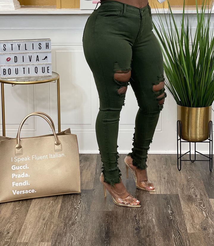 Tiffani Cropped Distressed Jeans up to 3XL (Olive Green)