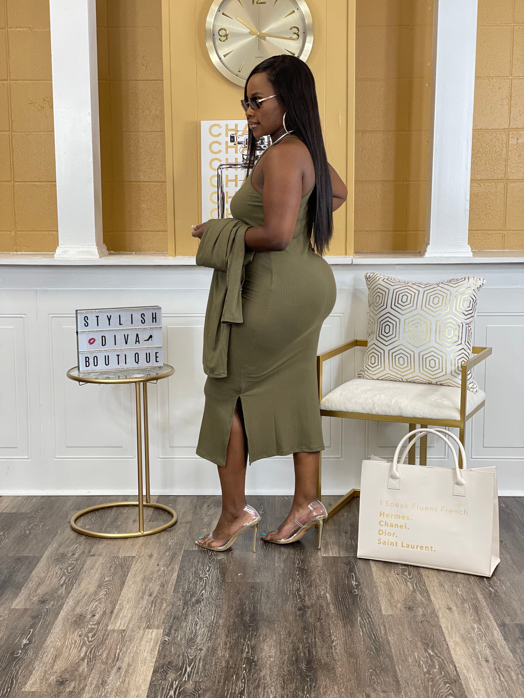 From Work To Happy Hour Ribbed Dress Set (Dusty Olive)