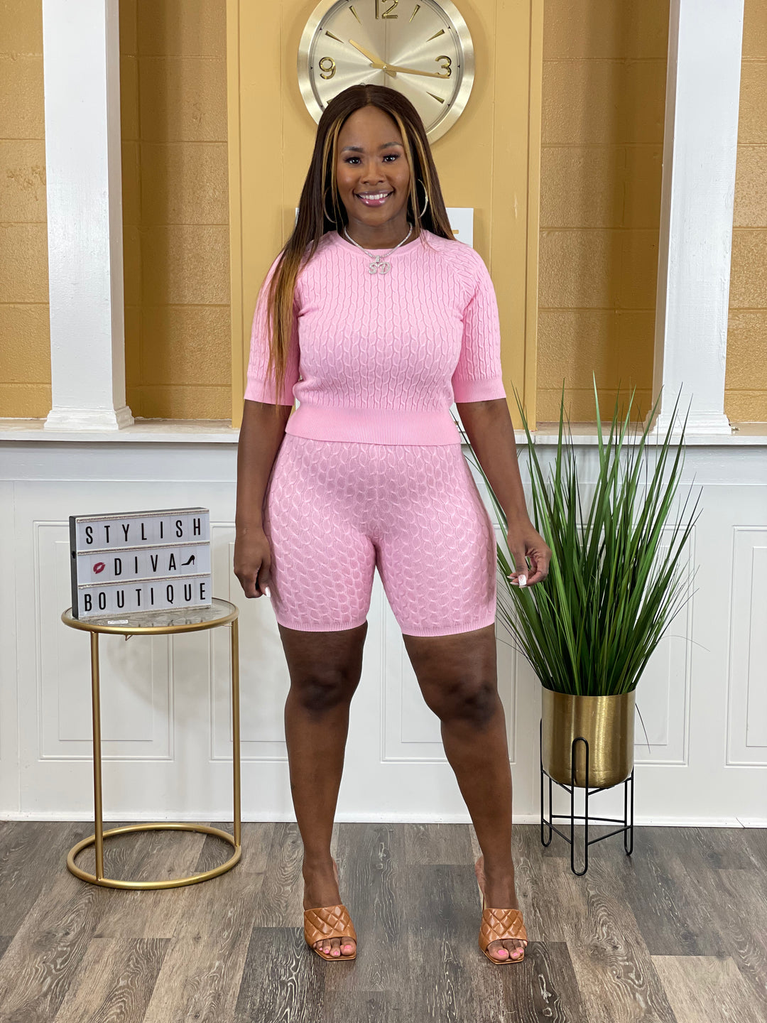 Casually Luxe Cable Knit Short Set (Pink) - Main Image