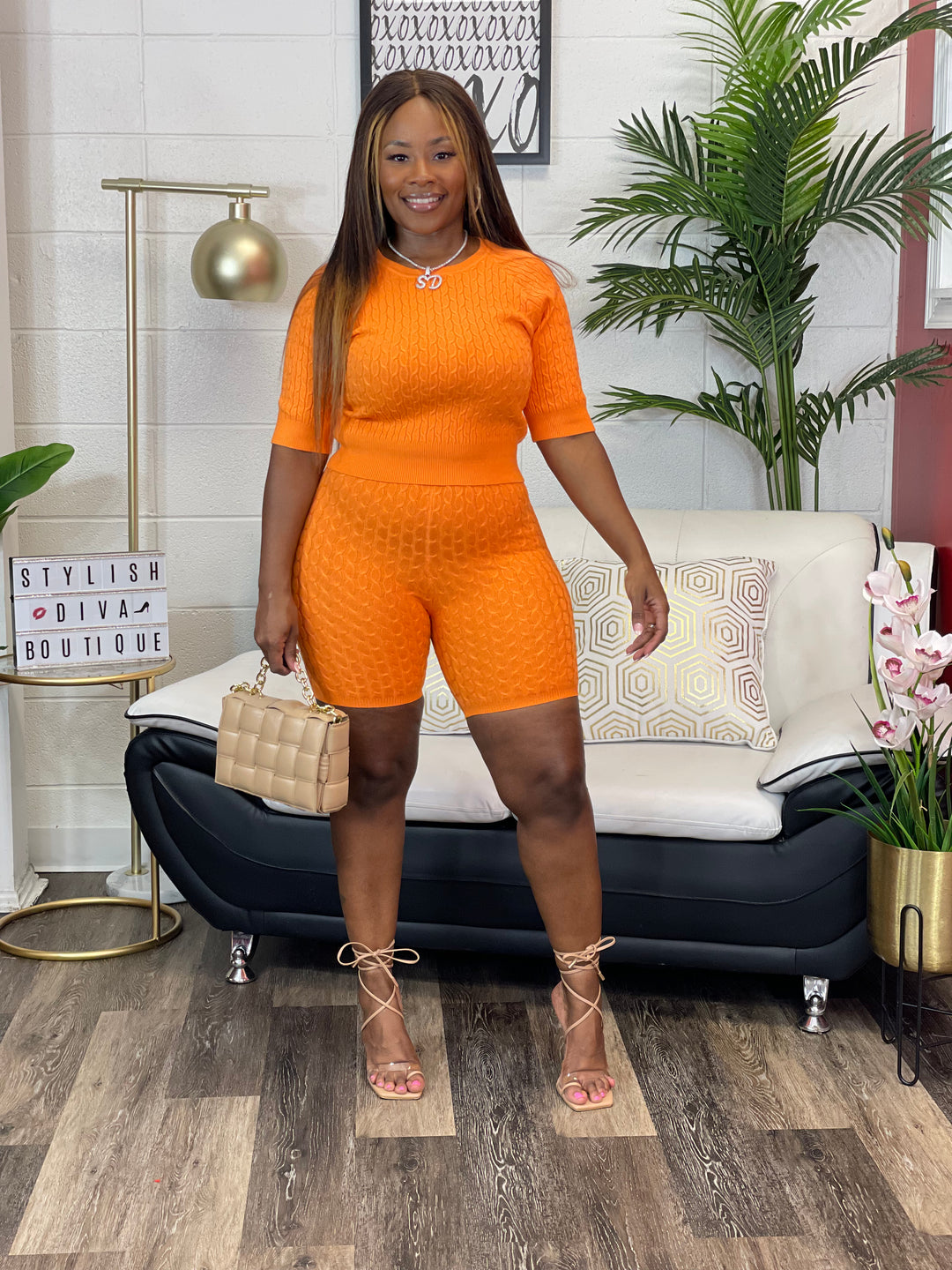 Casually Luxe Cable Knit Short Set (Orange)