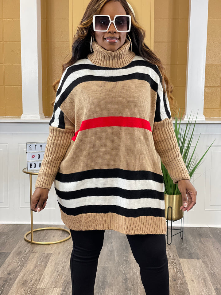 Ms Berry Striped High Neck Sweater (Khaki)