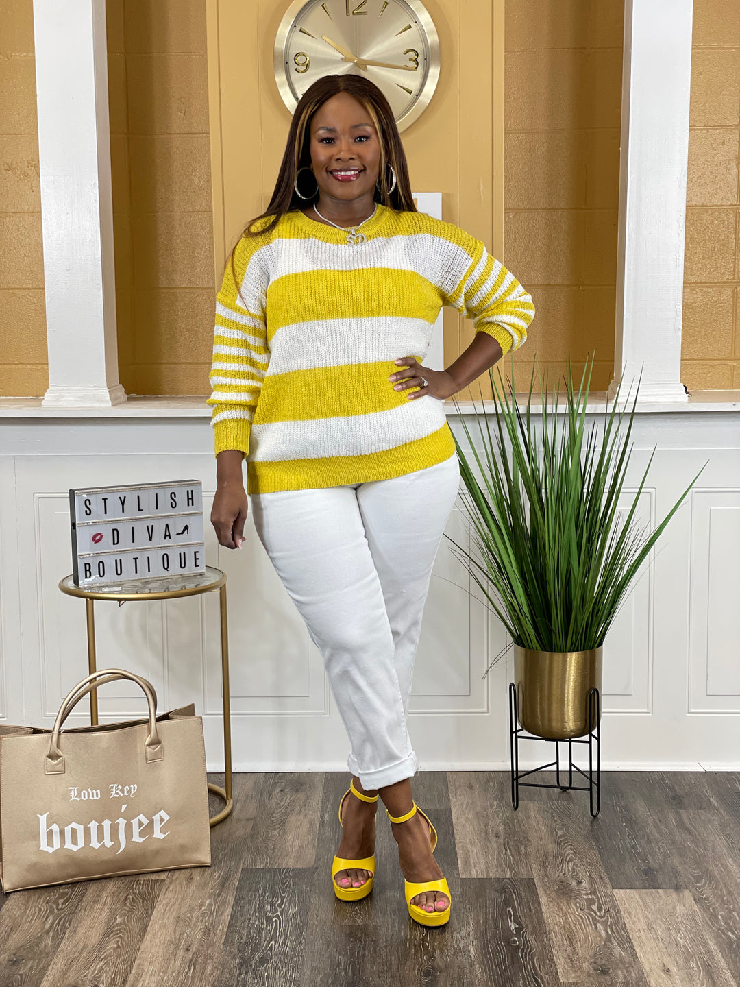 Savina Striped Purl Knit Spring Sweater (Yellow/White)